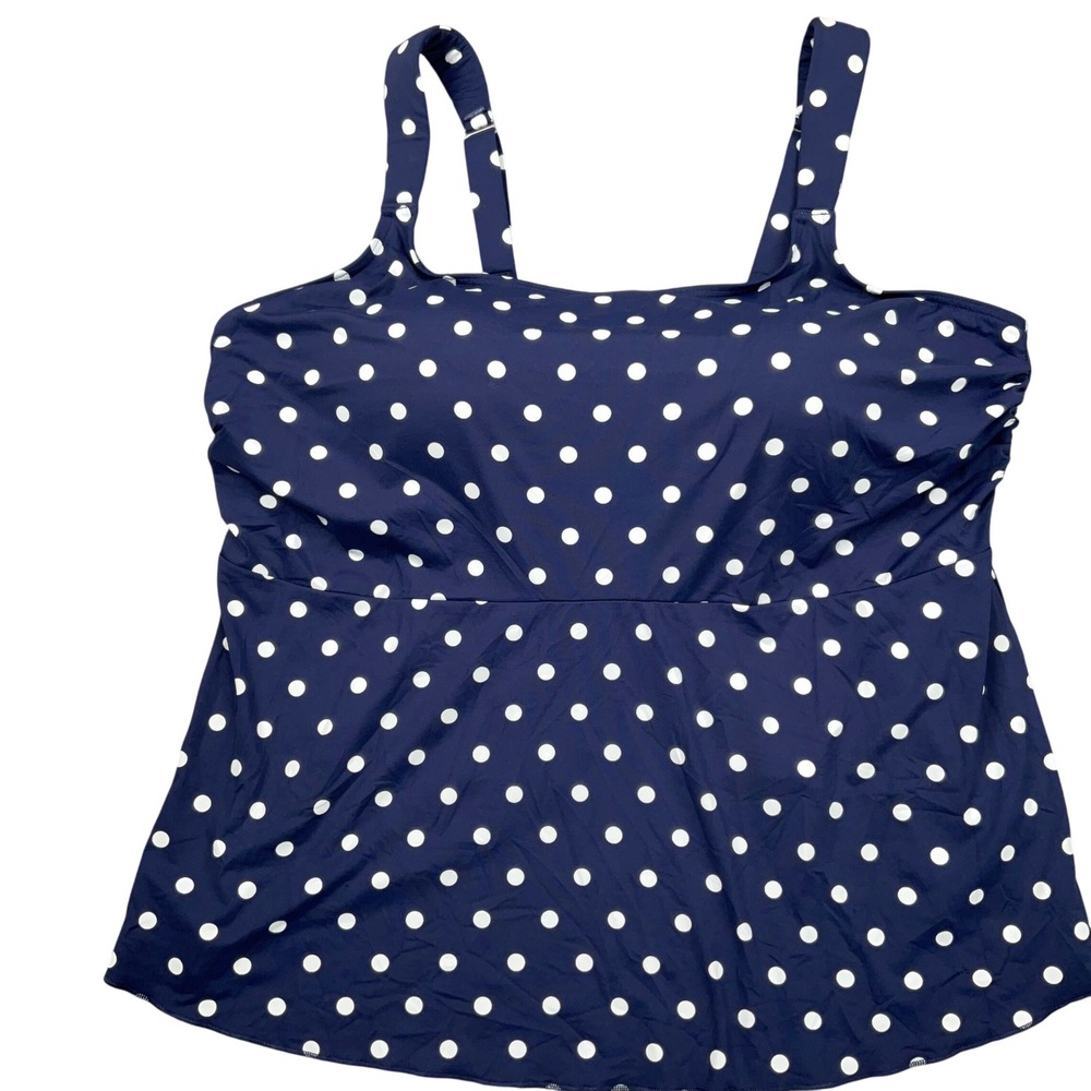 Lands End Tankini Top Women 2X 20W-22W Navy Blue White Polka‎ Dot Swim Beach